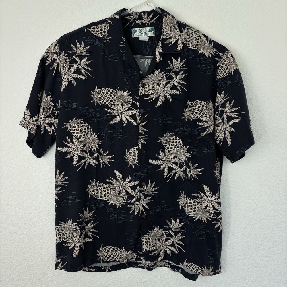 Two Palms Men’s Hawaiian Shirt L Black Map Print Camp Cabana Resort Rayon Tiki